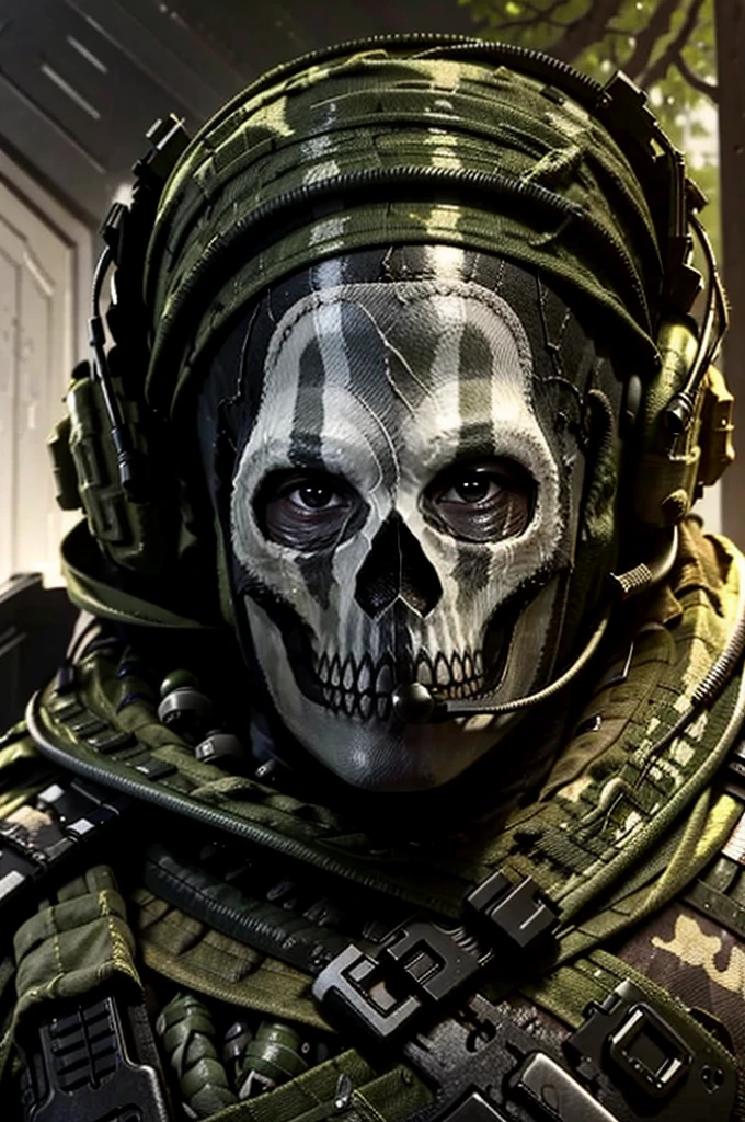 a half body shot of gh0st wearing  army clothes inside the forest