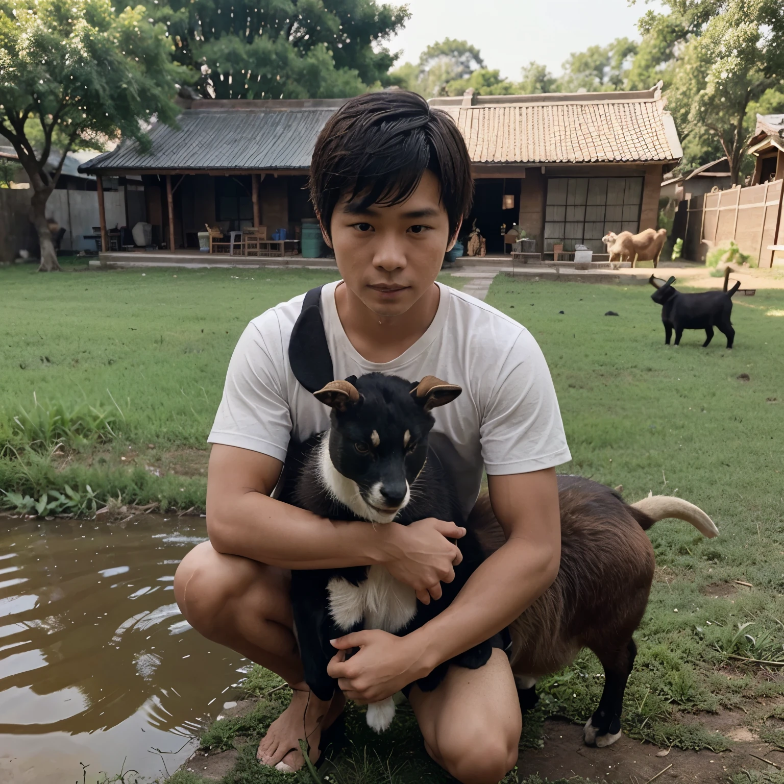 A boy is a China farmer who doing his job in the Earth. He has a cat, dog, goat, water buffalo, goose.