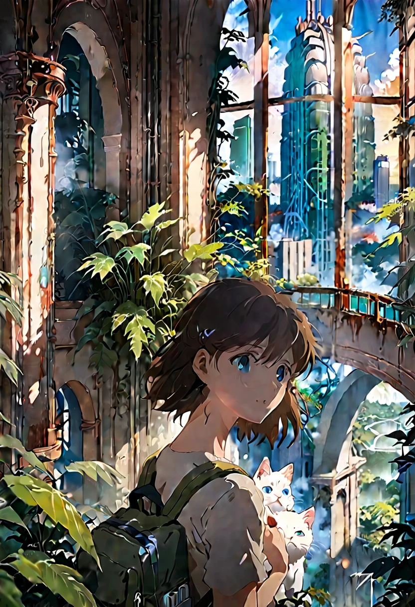8K、Raw photo、highest quality、look up:1.2、masterpiece:1.2、genuineistic、ultra high resolution、high contrast、photon mapping、genuine、Super detailed、official art, Raw photo、professional lighting、 light、Vivid atmosphere、twicelight) This anime scene、While having the atmosphere of a work directed by Makoto Shinkai,、Expresses a post-apocalyptic worldview。A girl with a backpack looking at the city skyline from the forest、It is reminiscent of emotional scenes like Makoto Shinkai's works.。 High-rise buildings in the city are covered with trees from the walls and windows々pops out、The building is covered like a lush jungle.、It depicts a futuristic landscape where nature and the city are fused.。A city bathed in bright sunlight、It suggests a bright and hopeful future.。 A girl trying to enter a building in the city、It symbolizes young people trying to break out into society.。and、The pure white cat that is nestled next to me、As a familiar presence、Watching the girl's journey。 This scene is、I am drawing a post-apocalyptic animation with a unique world view.。