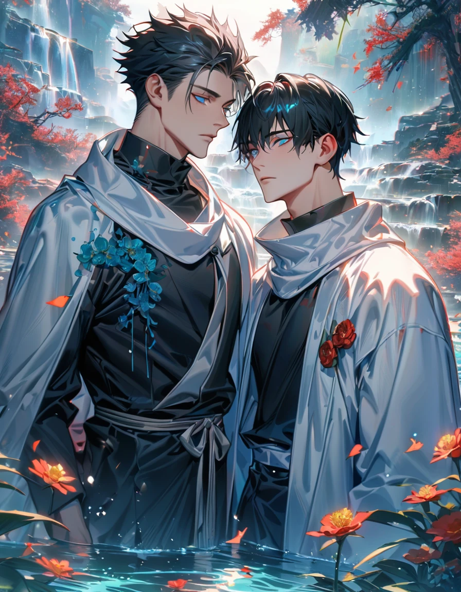 (absurdres, highres, ultra detailed, HDR), master piece, best quality, Gojo Satoru, white hair, with bangs, white eyelashes, vibrant blue eyes, Jujutsu Kaisen, Dan Heng, black hair, with bangs, vibrant blue eyes, 2men together, gay, handsome, water, flowers, white haori, white scarf, black kimono, 