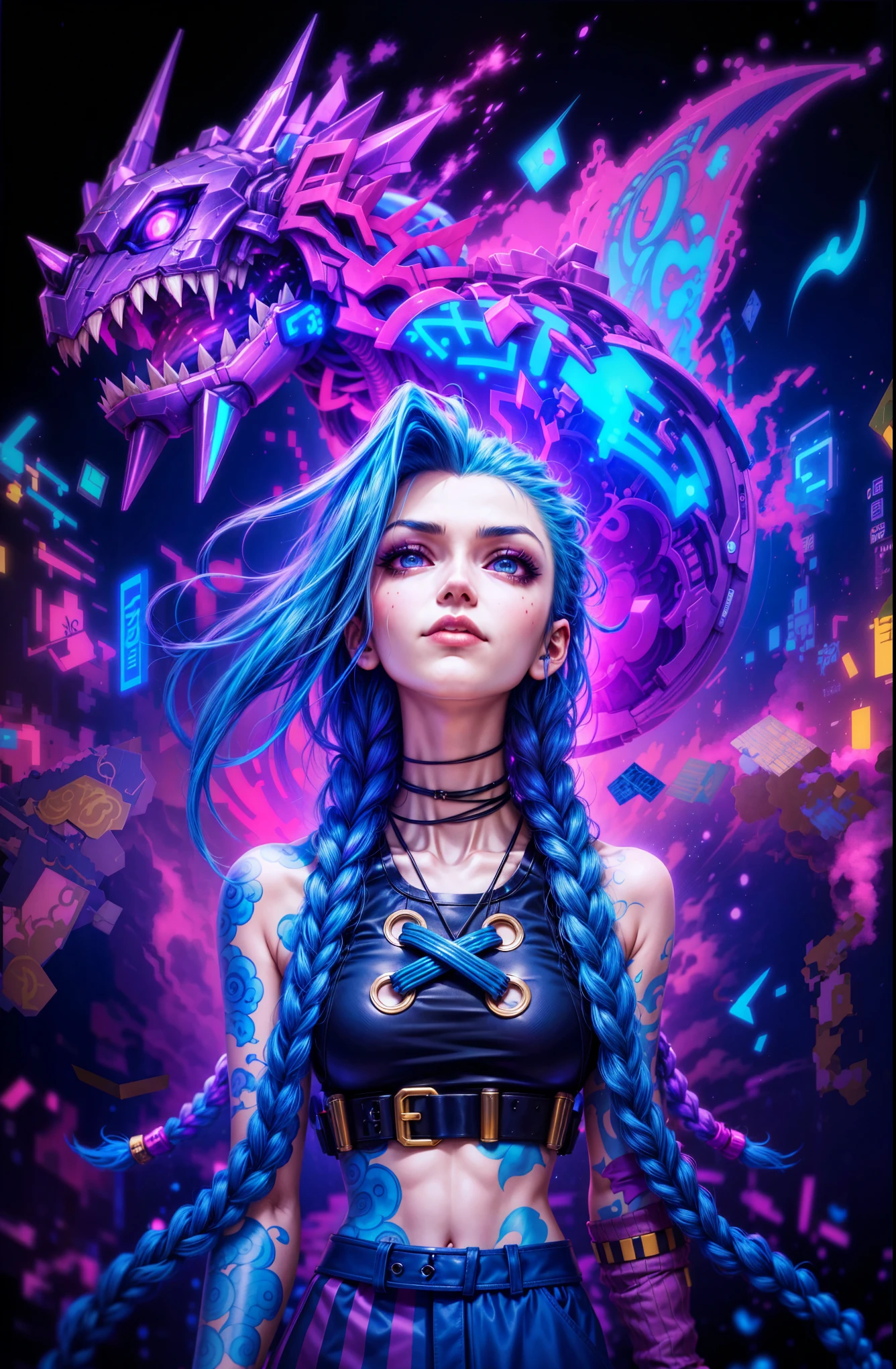 a close up of a person with blue hair and a purple skirt, digital cyberpunk - anime art, cyberpunk art style, digital cyberpunk anime art, rossdraws cartoon vibrant, cyberpunk artstyle, in cyberpunk style, bright cyberpunk glow, cyberpunk anime girl, dark cyberpunk illustration, anime cyberpunk art, female cyberpunk anime girl, cyberpunk vibe, portrait of jinx from arcane
