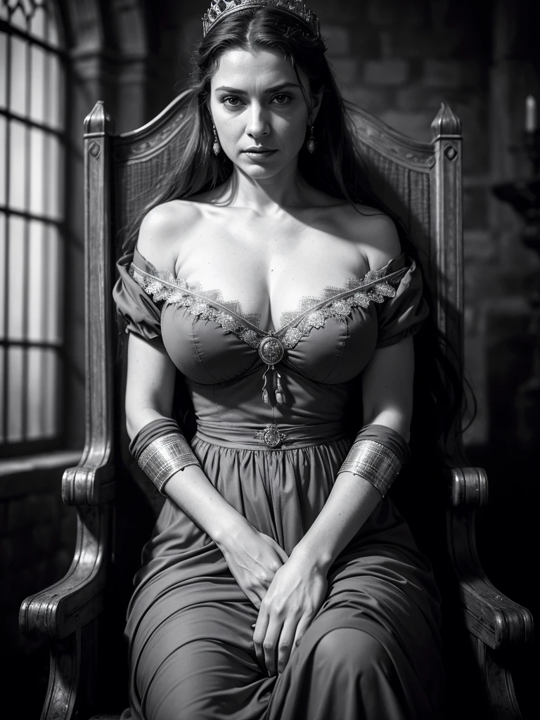 hyperrealism, (photorealistic:1.2), (film grain:1.3), masterpiece, best quality, perfect detail, cinematic lighting, professional photo, realistic photo, raw photo, medieval style, gorgeous middle-aged medieval queen, very thin, large breasts, medieval dress, shoulders open, neckline, crown on head, sitting on a throne, old photo, gloomy atmosphere,