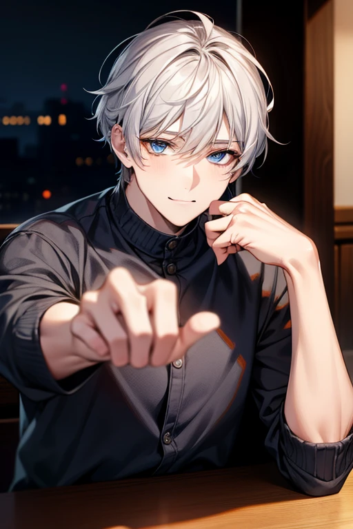 table top,highest quality,male,,Hands only,((middle aged)),beautiful eyes,enchanting smile,gray hair,blue eyes,(face shot:1.3),detailed face,8K resolution,night,dark,casual clothes