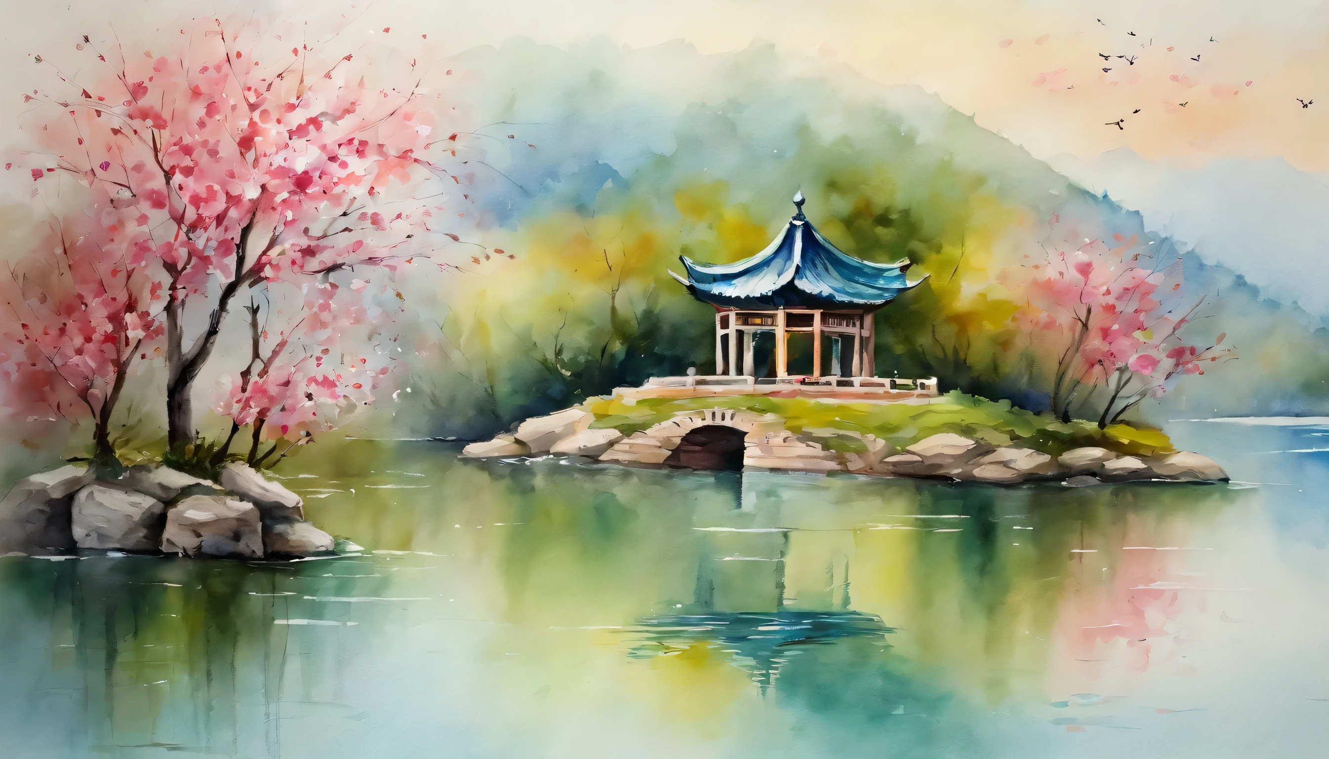 Ancient China, lake, paranormal, peaceful and calm spring, peach blossom on lakeside, mint-color background, fresh air, morning, green trees, small gazebo on lakeside, blue sky