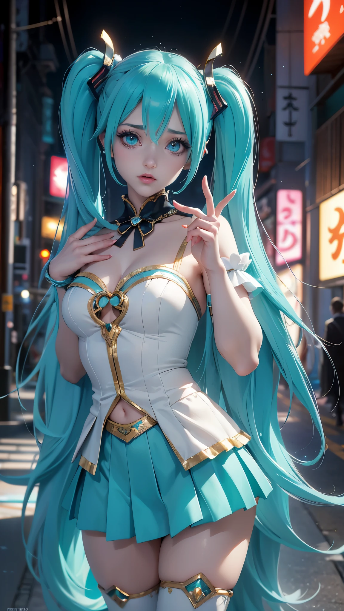 (La mejor calidad,A high resolution,Ultra - detallado,actual),Ariana Grande, chica anime Cosplay, anime Cosplay, (Hatsune MikuCosplay:1.4) , foto de Cosplay, dos colas blancas_guantes, Cosplay, lindo anime waifu con un bonito vestido, chica anime con pelo largo, Diosa del anime, Cosplay elegante y glamoroso, chica anime disfrazada de sirvienta, More detailed 8K.motor irreal:1.4,High Definition,La mejor calidad:1.4, fotorrealista:1.4, textura de la piel:1.4, obra maestra:1.8,obra maestra, mejor calidad,objeto Objeto], (rasgos faciales detallados:1.3),(Las proporciones correctas)(Detalles de la cara: 1.5, ojos azules brillantes, hermoso rostro, ojos bonitos, Contorno del iris, labios delgados: 1.5, Thin, sharp pale eyebrows, Long, dark eyelashes, double tabs),,  (pose vaquero), ,( ciberpunk 2.1), (vestuario kawaii :1.4), manos perfectas: 1.5, (perfect anatomy), (tokyo night alley background:1.4) 