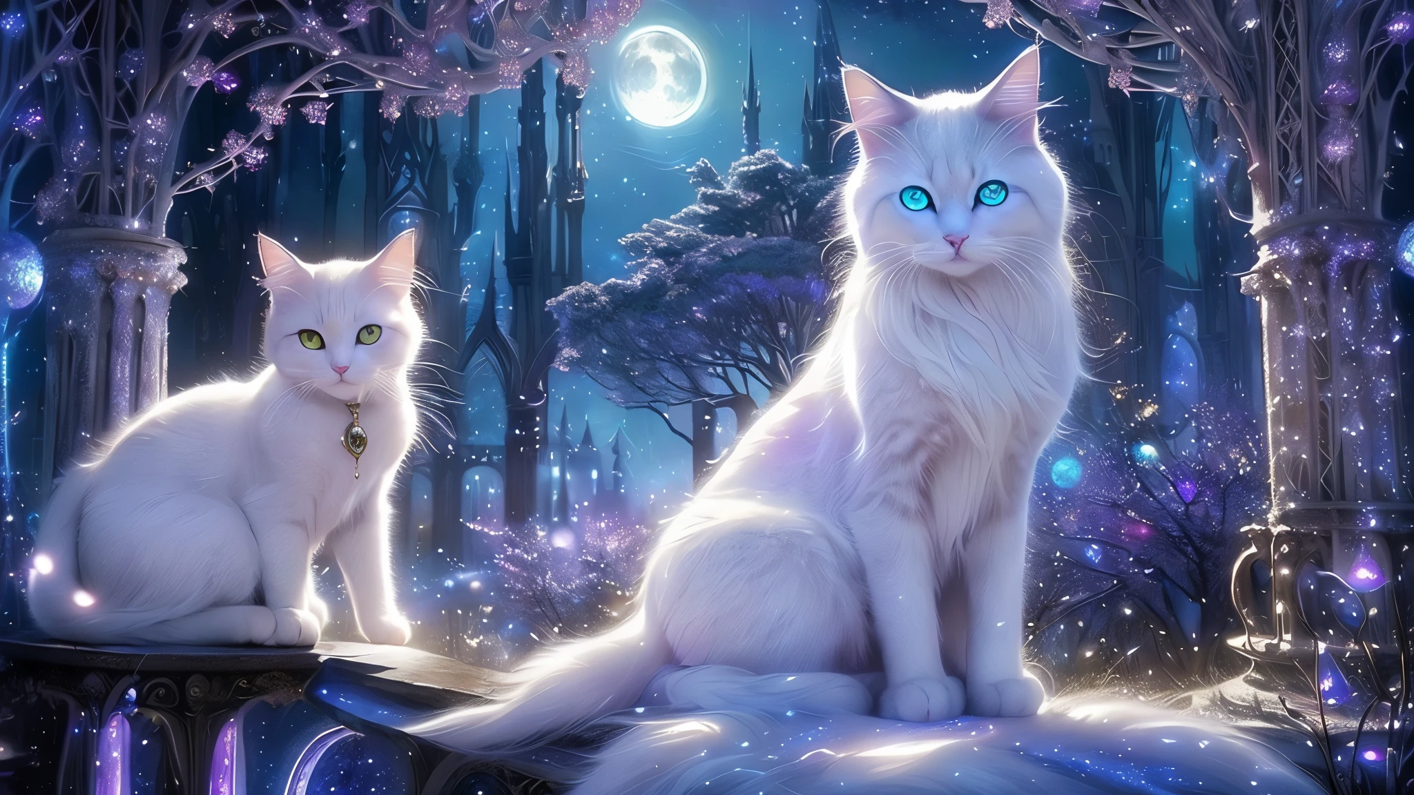 (magic, mystical cats white, vibrant colors, dreamy atmosphere, fantasy, enchanting, surreal, whimsical, supernatural, ethereal, cat lovers, detailed fur, glowing eyes, playful poses, starry night, moonlight, mysterious, intricate patterns, otherworldly, majestic, magical sparkles, fantastical landscapes, mystical beings, magical powers, captivating, spellbinding, mesmerizing)