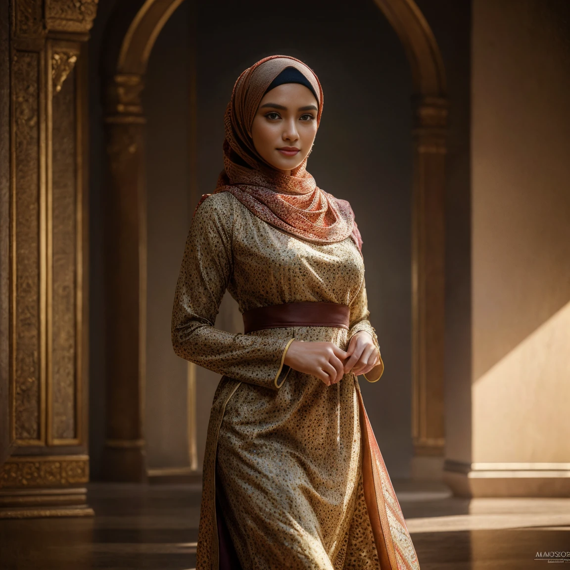 Best quality, masterpiece, realistic photos, intricate details, original photos, wearing traditional baju kurung, photon rendering, octane rendering, ridiculous, ultra-detailed, detailed faces, detailed skins, trends on artstation, 8k masterpieces, cinematic lighting, ((1girl)), ((solo)), perky round breasts, medium breasts, long hijab, dynamic pose