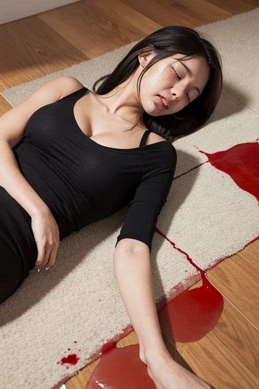 lifeless body with lot blood i cant see her face in the floor