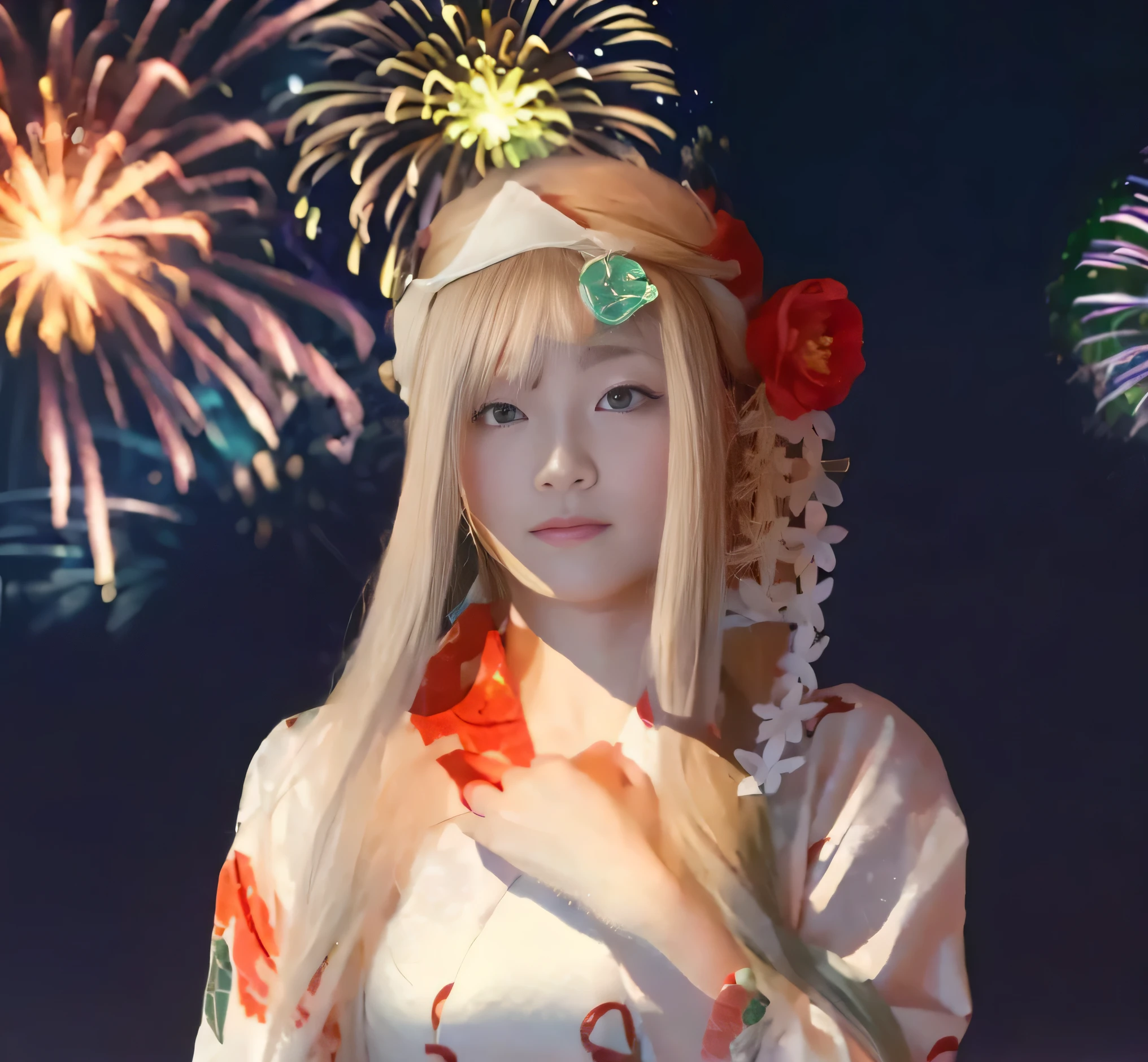 ((masterpiece)), best quality, whole body, alone, japanese woman, tall figure, Sexy body, Sexy，tight skin, big firm breasts, (Wearing a yukata), (masterpiece, best quality, Delicate skin texture, Detailed fabric texture, Beautiful facial details, intricate details, Very detailed ), hair, dynamic poses, Tokyo Street ,night, city View, city lights, Fireworks display,((Fireworks in the sky)) ,