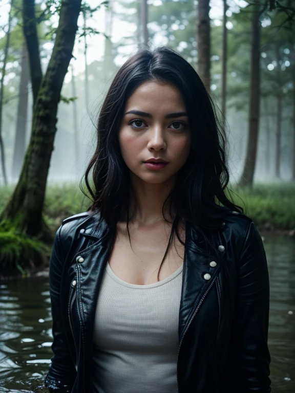 A hot girl, drown in a swamp in a chest,illustartion, (Best Quality,4k,8K,hight resolution,Masterpiece:1.2),Ultra-detailed,(Realistic,photoRealistic,photo-Realistic:1.37),Horror,dark and gloomy atmosphere with dramatic lighting, Vivid colors, Foggy surroundings, the trees, covered with moss, detailed facial expression, long wavy hair floats in the water, Reflections on the surface of the water, Eerie fog. Jeans