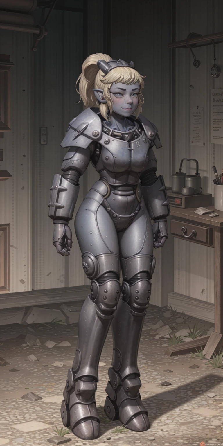 full body, def_effie, blue breastplate, blue skin, looking at viewer, shiny,armor, thighhighs, high boots,shoulder armor, faulds, poleyn, gloves, gauntlets, Rerebrace armored boots, pauldrons,(masterpiece, best quality, ultra-detailed, best shadow) yordle (1girl)( blue skin:1.2) pointy ears muscular lean platinum blonde long twin-tails hairstyle at the office lustful smirking smile face red blushed, blush, strong abs, female body builder, tiara, twin drills hair