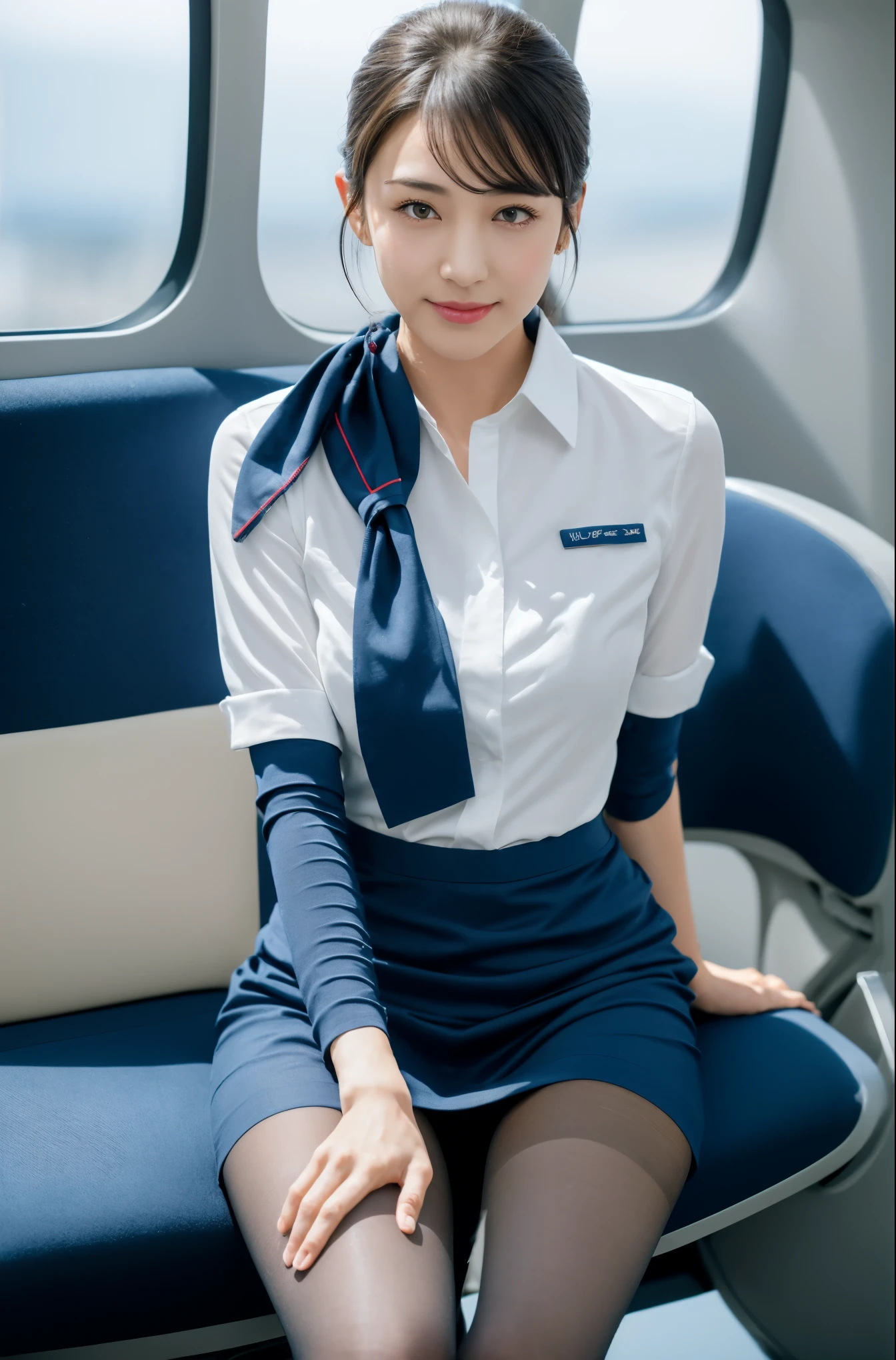 highest quality, masterpiece, 8K, ultra high resolution, (realistic:1.4), very detailed, intricate details, delicate and beautiful, good照明, professional lighting, sharp focus, detailed shadow, Exquisite detail and texture, Depth of the bounds written, unity 8K wallpaper, cinematic composition, cinematic lighting, official art, flight attendant, flight attendant, black pantyhose, (aircraft, (aircraft廊下), Airplane Seats) beautiful and elegant face, detailed face, nice smile,fine eyes, realistic hair, long hair, (1 girl), (sitting on the seat:1.3),(hair up、bun hair、good、night roll、french twist、light gray jacket 1.5、white shirt、dark gray tight skirt 1.5、blue line 1.5、blue scarf 1.5、black pantyhose1.5、white panties 1.5、between legs 1.5、underwear  、small breasts 1.5、pointed nipples 1.5、female organ),Spread your feet shoulder-width apart1.3,