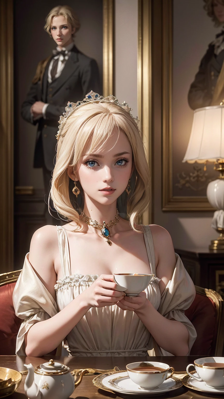 ((最high quality, 8K, masterpiece: 1.3, Ultra HD, high quality, 最high quality, High resolution, realism)) 、Marie Antoinette、Inside the Palace of Versailles in France、Enjoy tea time in a luxurious room
