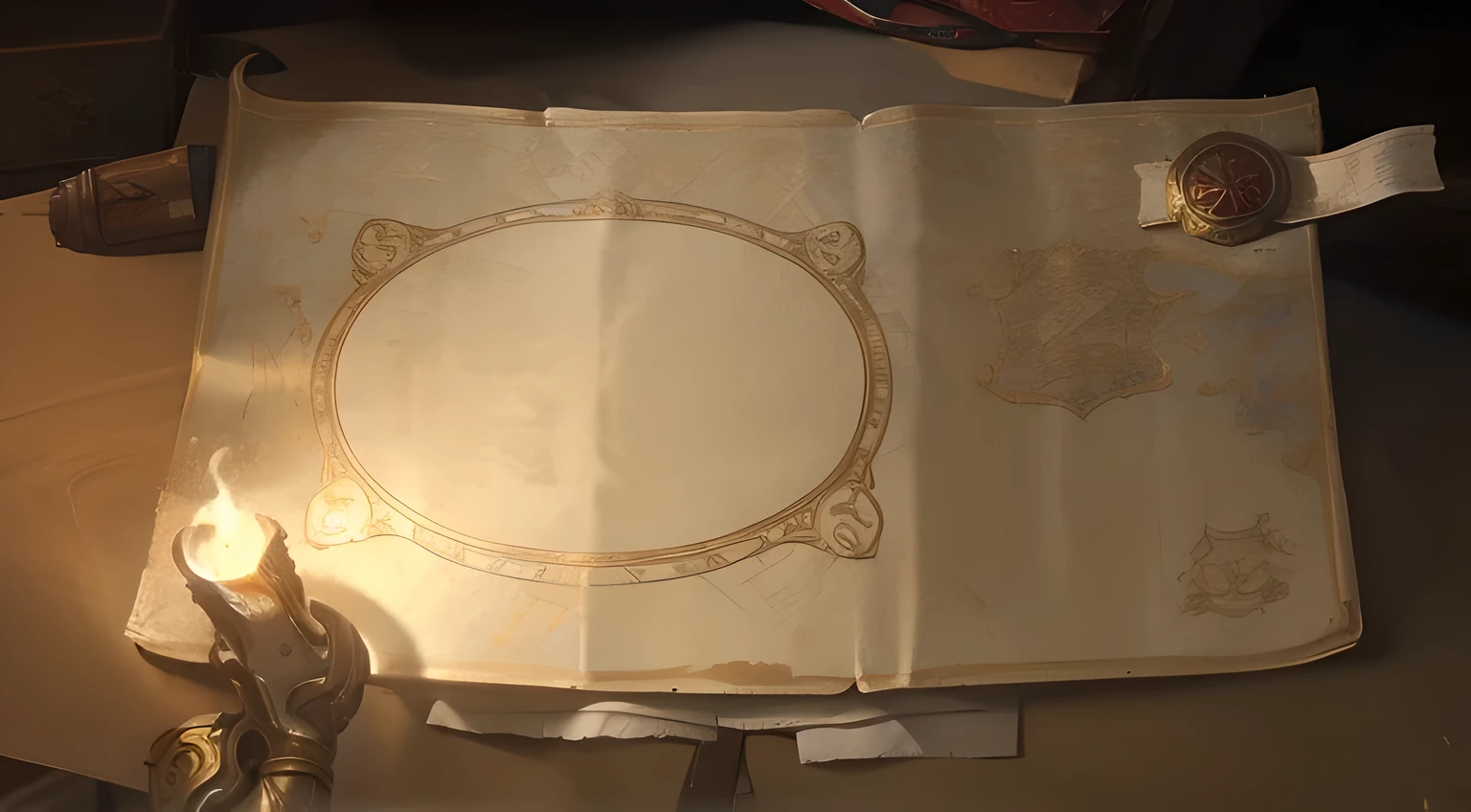 There is a piece of paper，It has a gold pattern on it, ornate border + concept art, Battle map props, map, faded parchment, Magic book page, Loading screen&quot;, treasure background, mapPatron, arena background, Steam workshop map, Treasure Map, 8k high definition wallpaper jpeg artifact, 8k high definition wallpaper jpeg artifact, reel