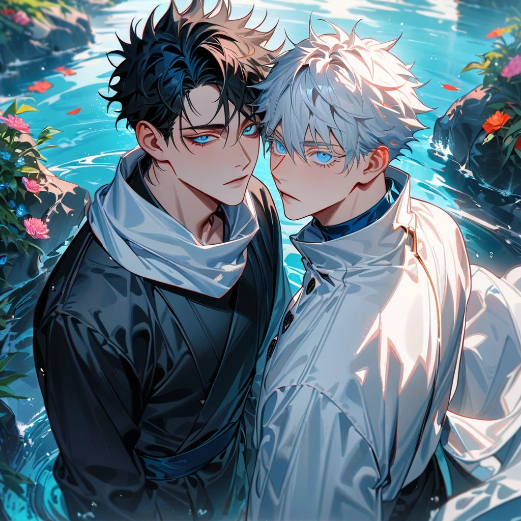 (absurdres, highres, ultra detailed, HDR), master piece, best quality, Gojo Satoru, white hair with bangs, white eyelashes, vibrant blue eyes, Jujutsu Kaisen, Dan Heng, vibrant blue eyes, 2men together, gay, handsome, water, flowers, white haori, white scarf, black kimono