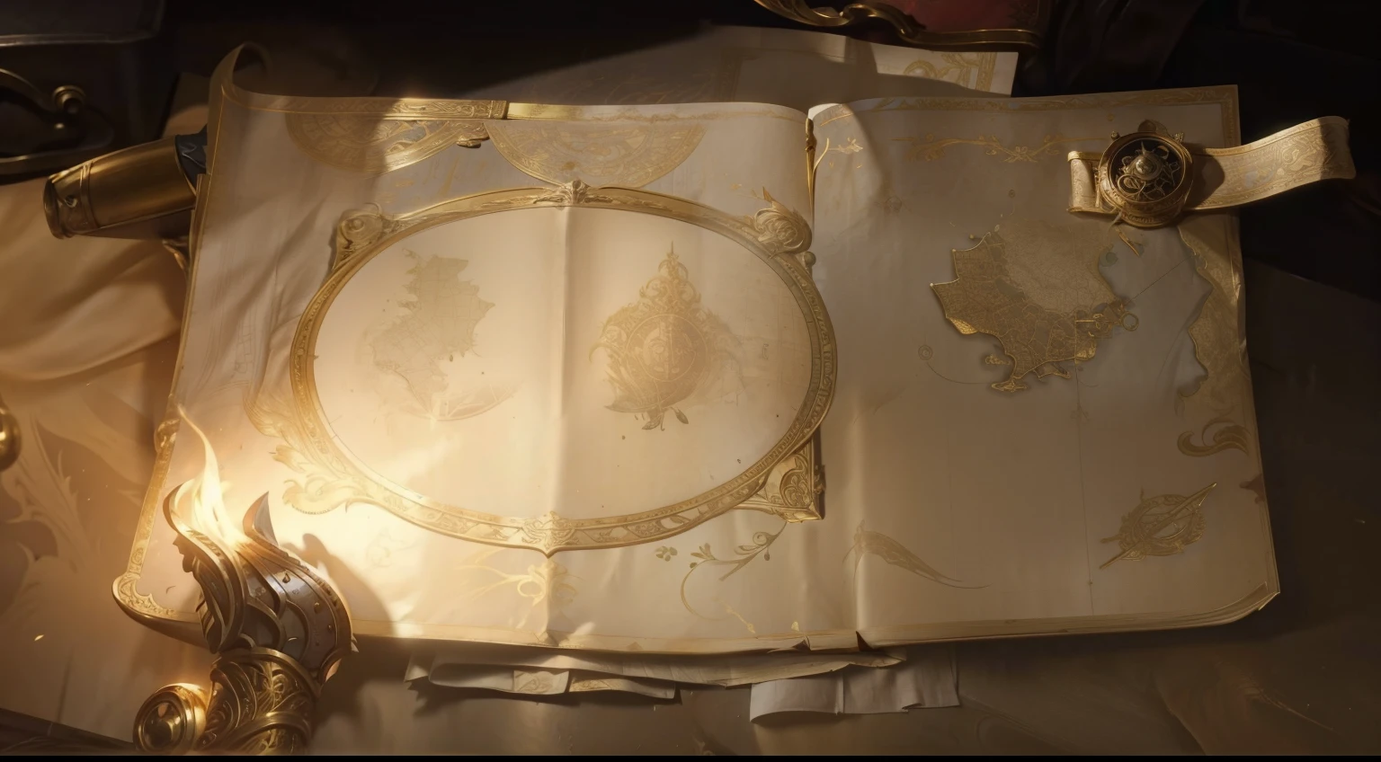 There is a piece of paper，It has a gold pattern on it, ornate border + concept art, 战斗map道具, map, faded parchment, Magic book page, Loading screen&quot;, treasure background, map帕特伦, arena background, 蒸汽车间map, Treasure Map, 8k high definition wallpaper jpeg artifact, 8k high definition wallpaper jpeg artifact, reel