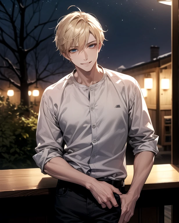 table top,highest quality,male,,((40 generations)),beautiful eyes,nihilistic smile,blonde,gray eyes,(face shot:1.3),detailed face,8K resolution,night,dark,casual clothes,plain shirt,wild,bitterness,Tree eyes,night景,bar
