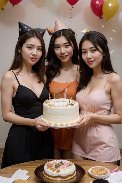 three beautiful Korean women wearing orange pink black birthday dresses wearing birthday hats carrying birthday cakes with birthday decorations in the background