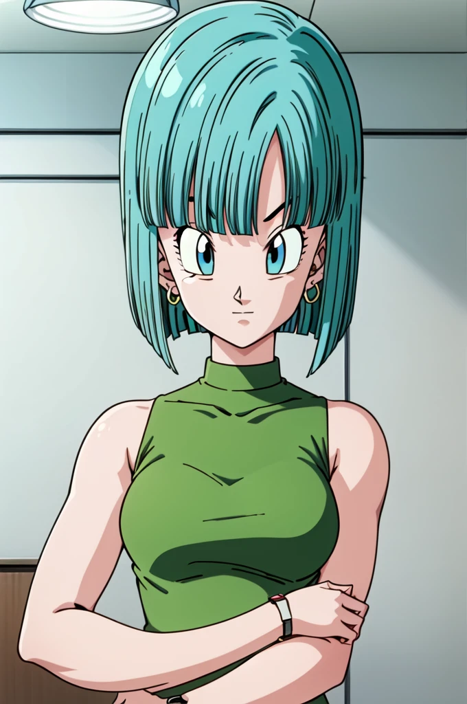 Buu saga, bulma, 1 girl, solo, looking at viewer, aqua hair, short hair, bob haircut, blue eyes, jewelry, upper body, earrings, sleeveless, indoors, bracelet, arms down, watch, hoop earrings, green dress, wristwatch,