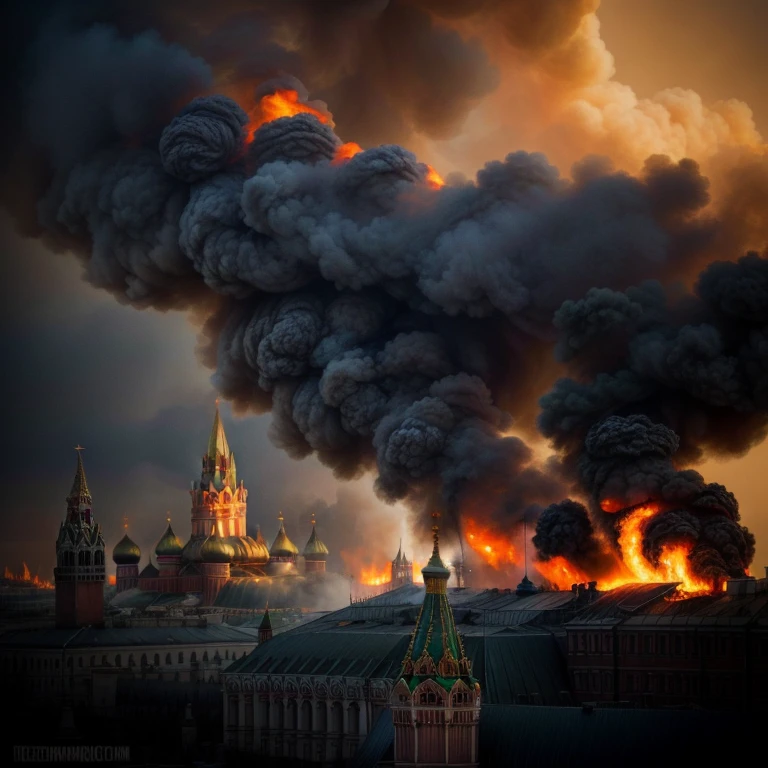 Burning houses, ((fire)), smoke, (Kremlin)