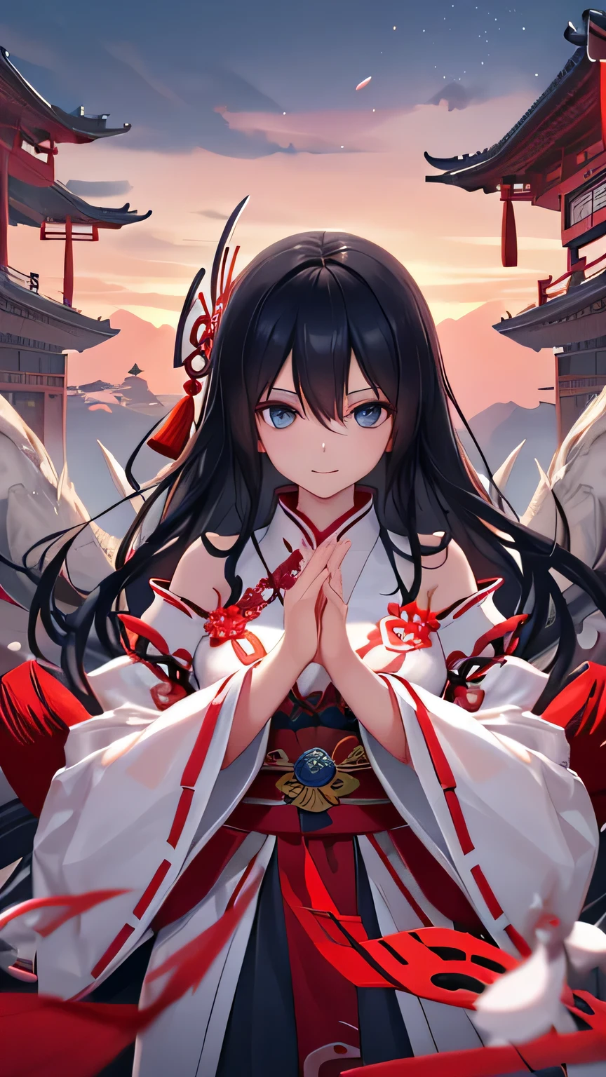 disorganized, 1 girl, blue eyes, long hair, I opened my eyes, eyelash, looking at the viewer, chinese dragon, concept art, Upper body, Miko, particle, petal, Face-to-face audience, raise your arms, cover, black hair,
