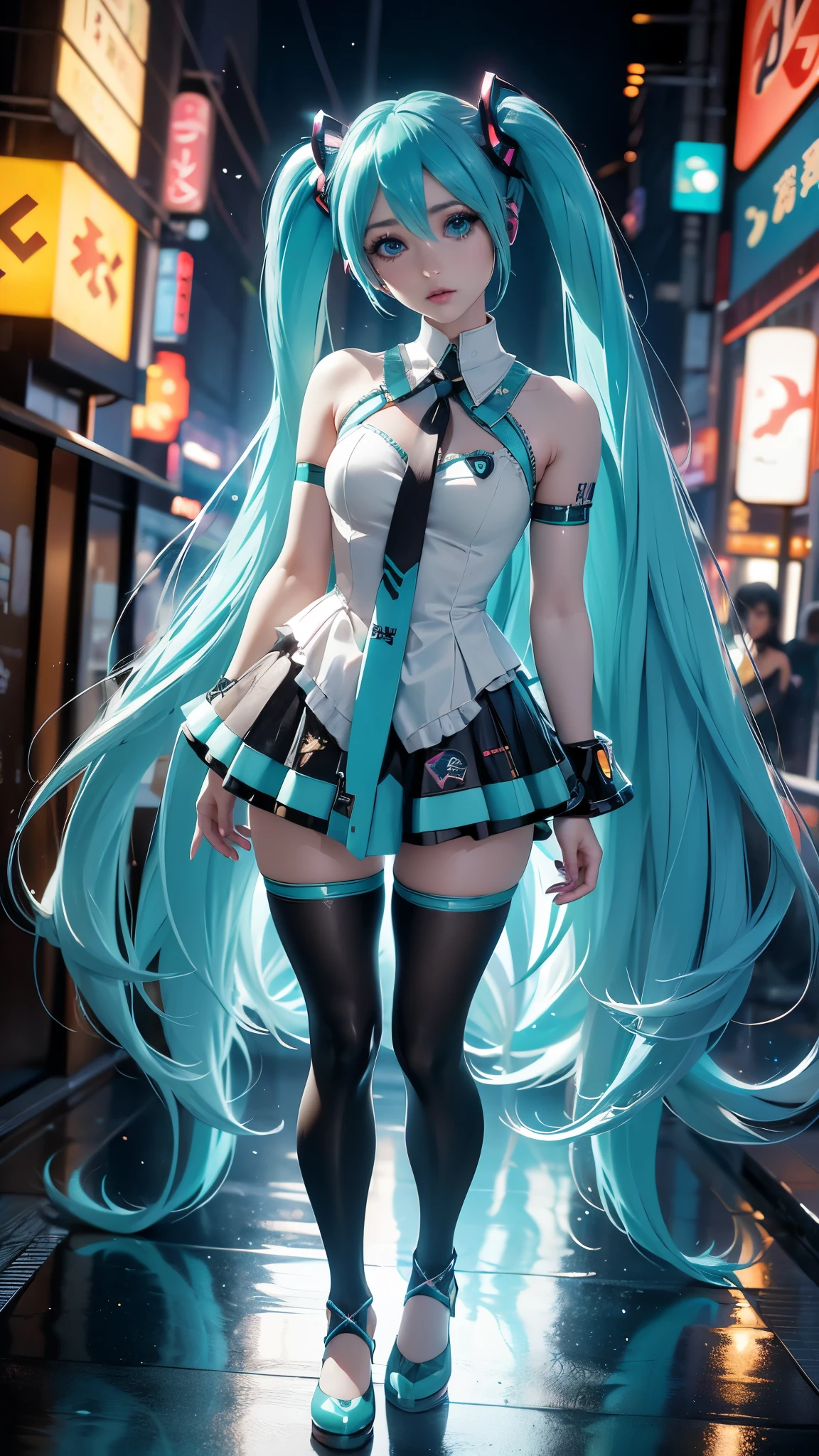 (La mejor calidad,A high resolution,Ultra - detallado,actual),Ariana Grande, chica anime Cosplay, anime Cosplay, (Hatsune Miku Cosplay:1.4) , foto de Cosplay, dos colas blancas_guantes, Cosplay, lindo anime waifu con un bonito vestido, chica anime con pelo largo, Diosa del anime, Cosplay elegante y glamoroso, chica anime disfrazada de sirvienta, More detailed 8K.motor irreal:1.4,High Definition,La mejor calidad:1.4, fotorrealista:1.4, textura de la piel:1.4, obra maestra:1.8,obra maestra, mejor calidad,objeto Objeto], (rasgos faciales detallados:1.3),(Las proporciones correctas)(Detalles de la cara: 1.5, ojos azules brillantes, hermoso rostro, ojos bonitos, Contorno del iris, labios delgados: 1.5, Thin, sharp pale eyebrows, Long, dark eyelashes, double tabs),,  (pose vaquero), ,( ciberpunk 2.1), (vestuario kawaii :1.4), manos perfectas: 1.5, (perfect anatomy), (tokyo night alley background:1.4) 