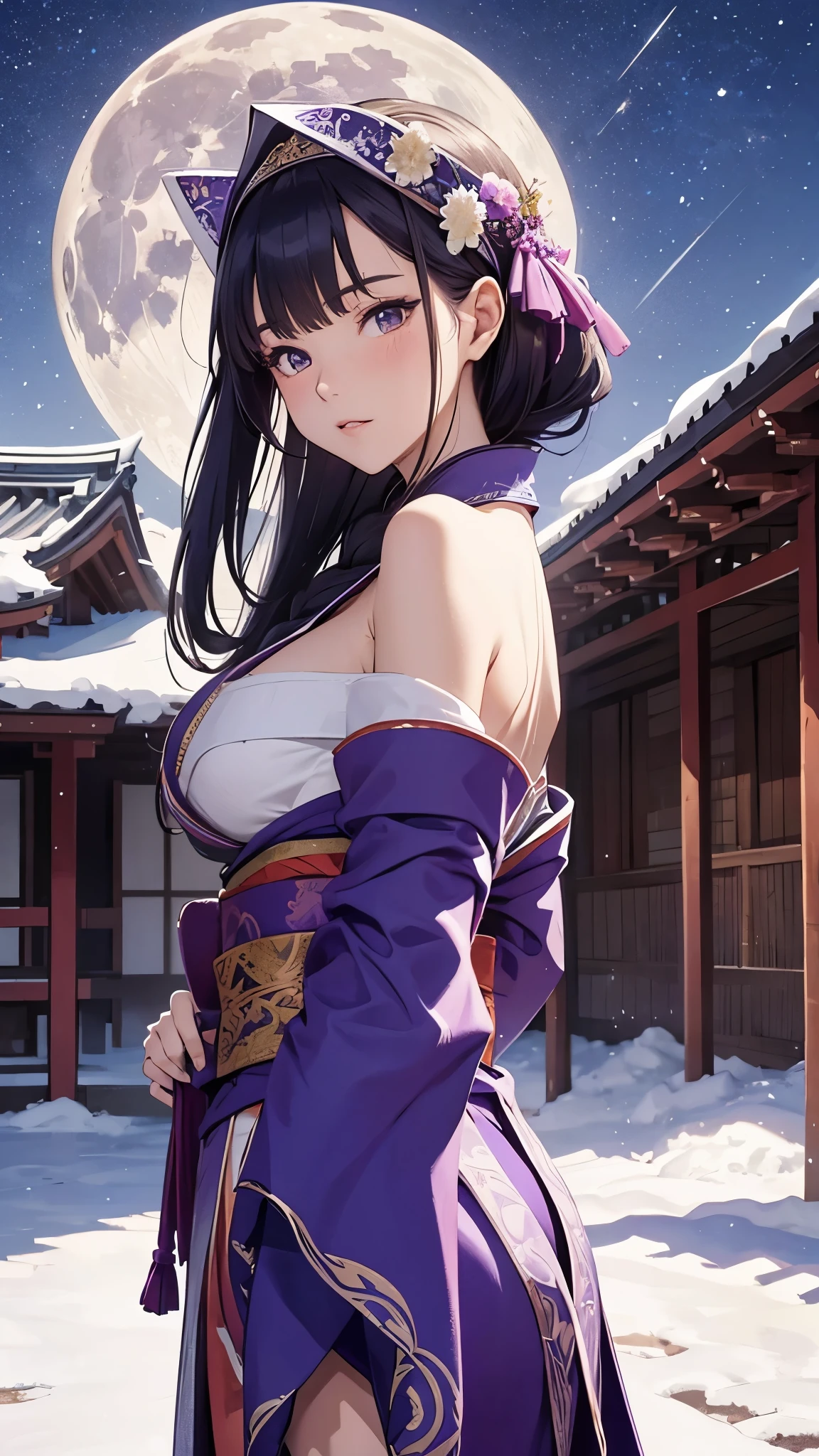 masterpiece, best quality, doaAyane, headband, purple kimono, bare shoulders, obi, detached sleeves, (huge breasts:0.8), cowboy shot, looking to the side, wind, snow, winter, night sky, east asian architecture, moon