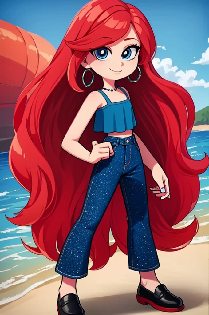 ruby 1 girl, solo, long hair, looking at viewer, smile, jewelry, very long hair, standing, red hair, earrings, shoes, pants, nail polish, blue eyes, white-skinned female, ruffle crop top, denim, blue nails, jeans, hoop earrings, blue pants, ocean background, cowboy shot, best quality, 2D flat, Masterpiece, close up, 8K, HDR, portrait, flat illustration