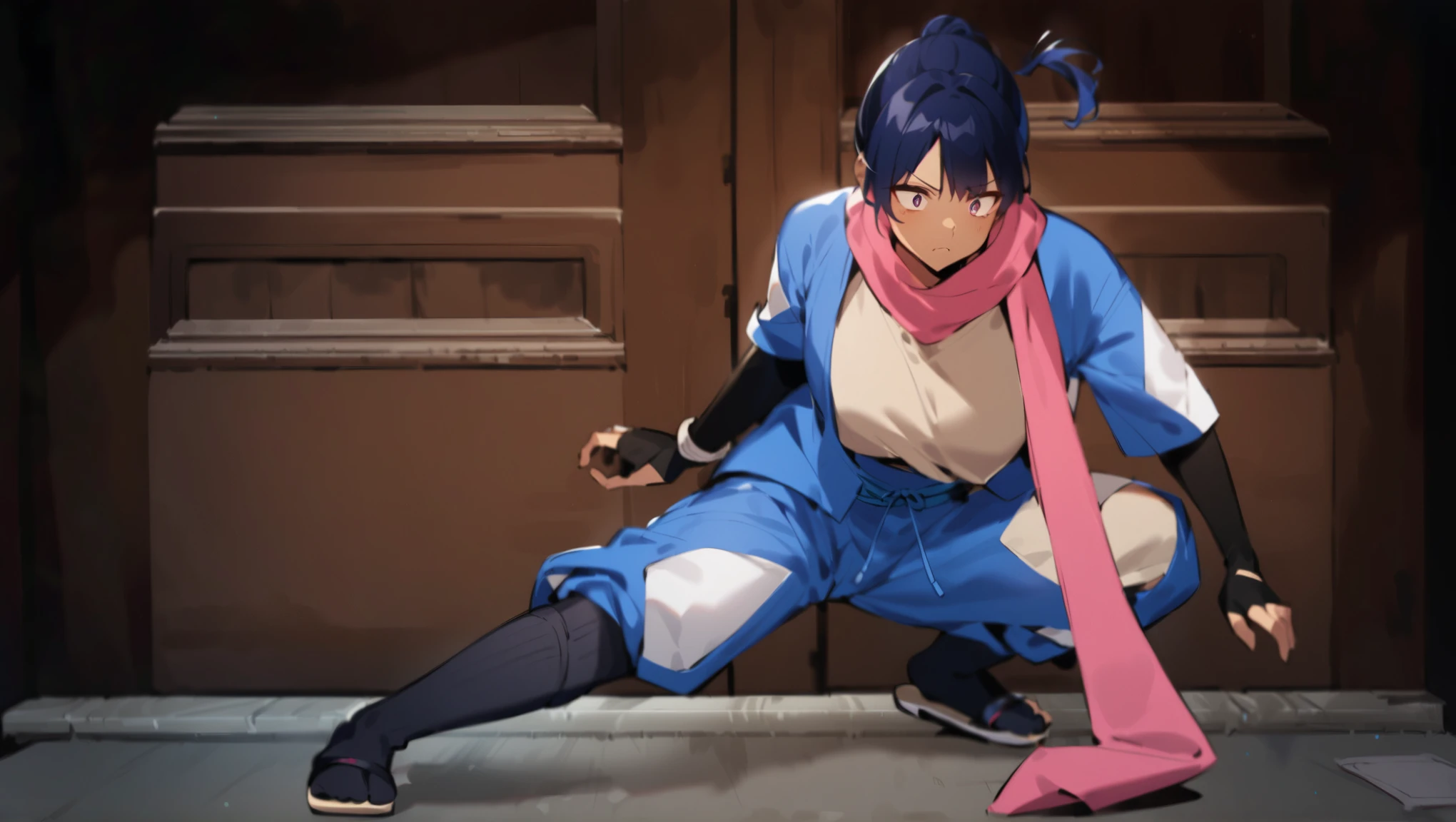 ninja girl with dark blue hair in a blue and tan ninja outfit. She has short sleeves with black fingerless gloves going up the arm. Her pants fold up at the knee as wears black high socks and sandals. She has a terrified look on her face as she is standing against a wall in her bedroom