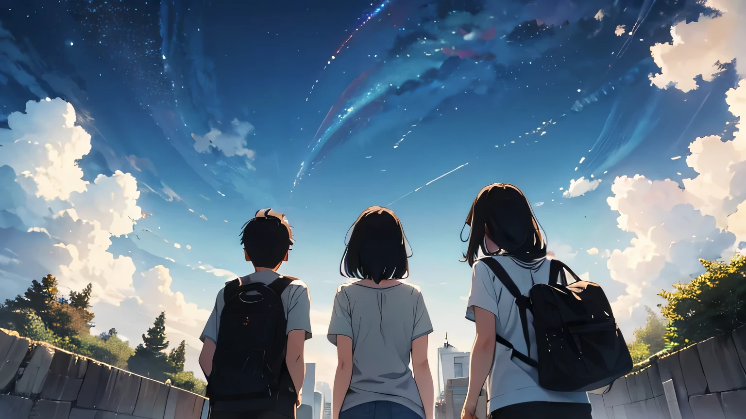 Rear view of two 20-year-old men and women looking up at a large 10m high wall in front of them、I don't draw people other than these two.、An angle looking up from below the two of them
