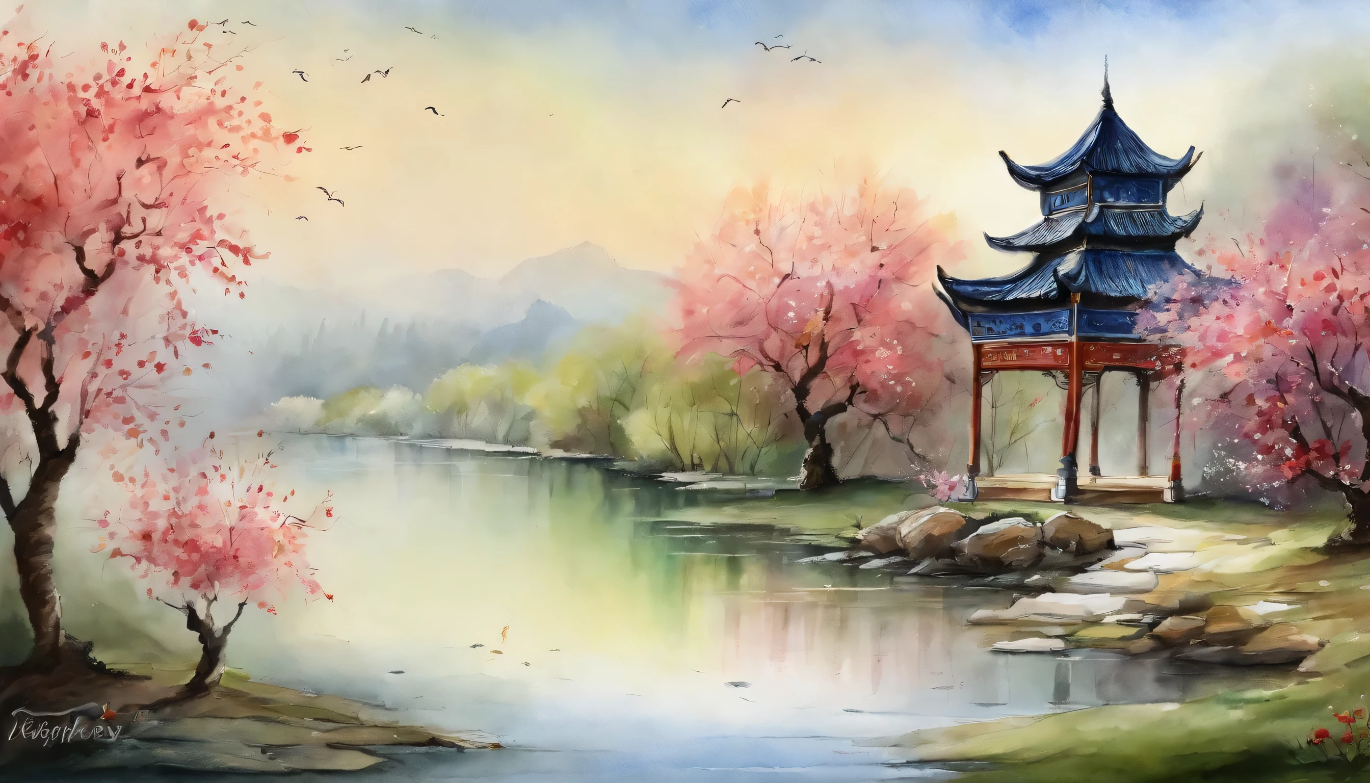 Ancient China, lake, paranormal, peaceful and calm atmosphere, spring, fresh air, morning, green trees, peach blossom, small gazebo on far distance, blue sky