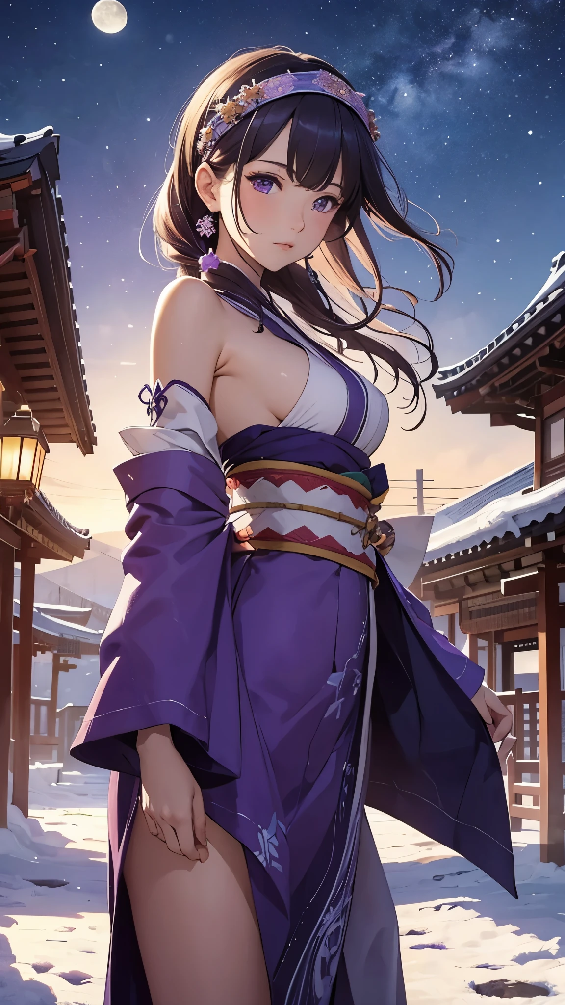 masterpiece, best quality,  doaAyane, headband, purple kimono, bare shoulders, obi, detached sleeves, (huge breasts:0.8), cowboy shot, looking to the side, wind, snow, winter, night sky, east asian architecture, moon