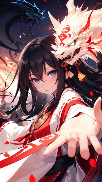 disorganized, 1 girl, blue eyes, long hair, I opened my eyes, eyelash, looking at the viewer, chinese dragon, concept art, Upper body, Miko, particle, petal, Face-to-face audience, raise your arms, cover, black hair,