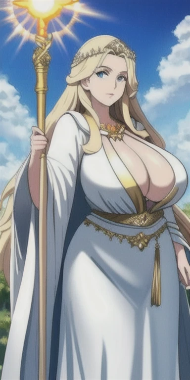 Masterpiece: superb super detailed goddess, white robe, long hair, blonde staff, sunshine, blue sky, big breasts, mature women