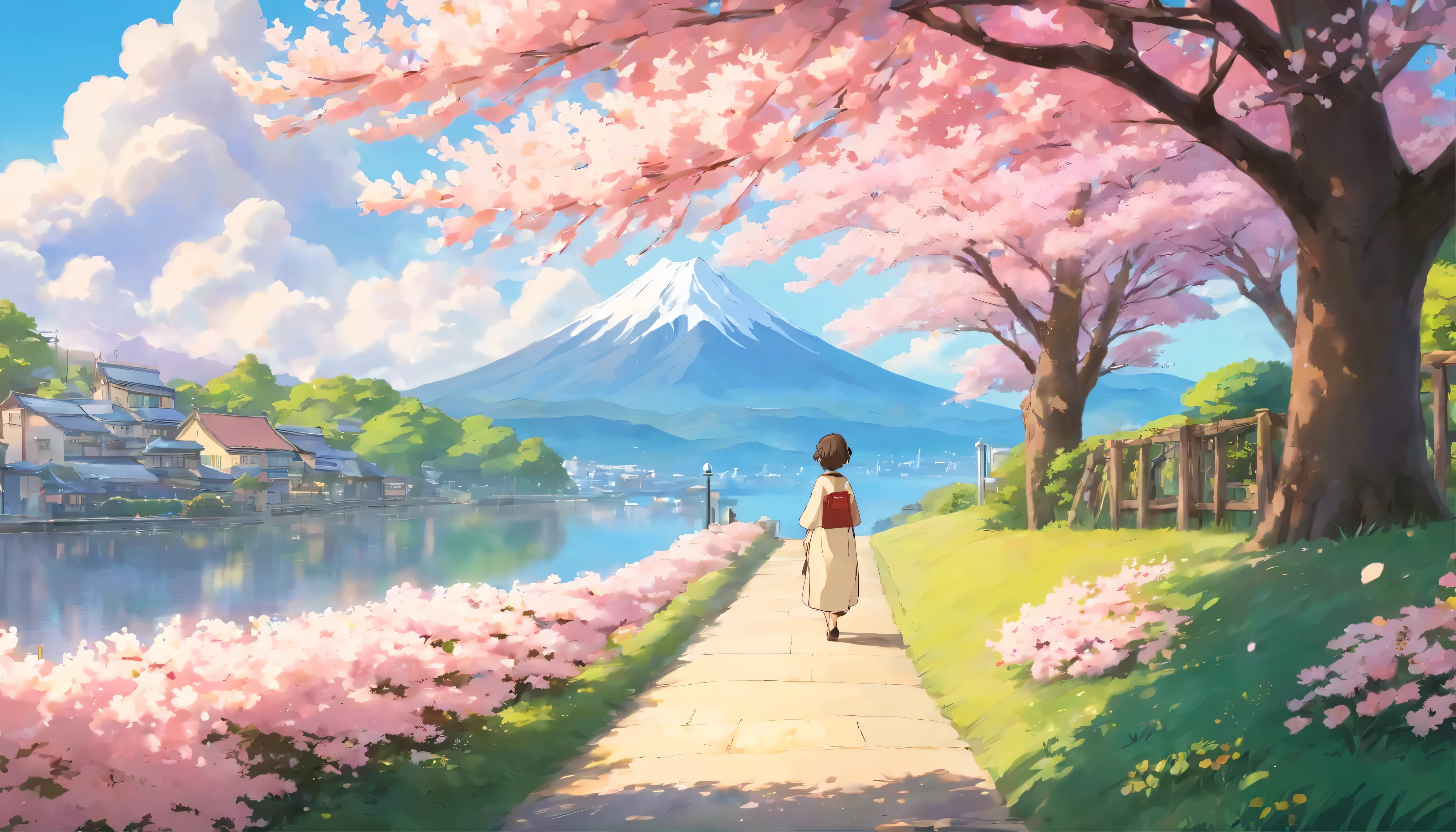 ultra realistic; 4k, anime; 2d Studio Ghibli; cherry blossoms, bokehs, mellow,  distant view,  There's no one here