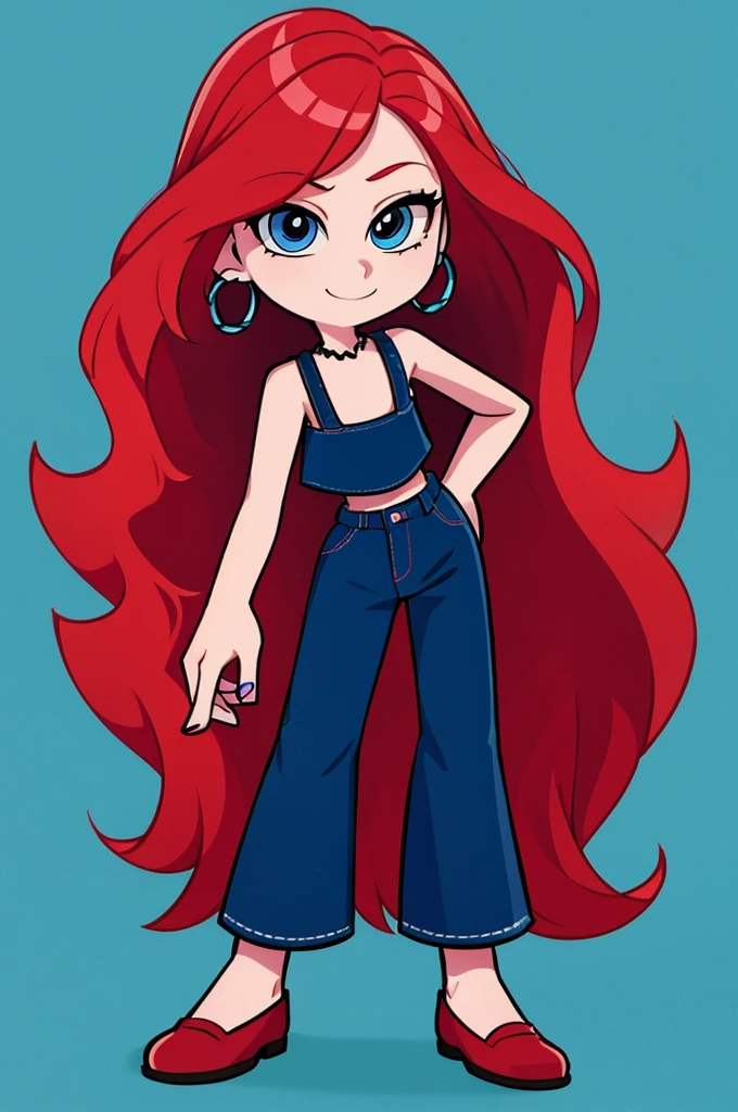 ruby 1 girl, solo, long hair, looking at viewer, smile, jewelry, very long hair, standing, red hair, earrings, shoes, pants, nail polish, blue eyes, white-skinned female, ruffle crop top, denim, blue nails, jeans, hoop earrings, blue pants, ocean background, cowboy shot, best quality, 2D flat, Masterpiece, close up, 8K, HDR, portrait, flat illustration