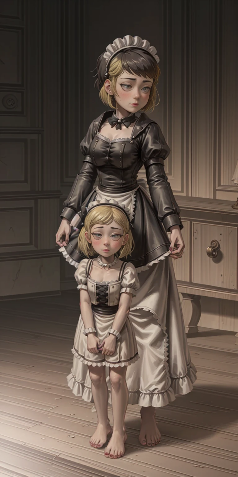 1girl, cute, ((Short black hair girl and long blonde hair girl)), maid victorian, maid apron, straight face, dazed, Body position: Standing, straight, symmetrical, barefoot, Lustful smile on face with red blush