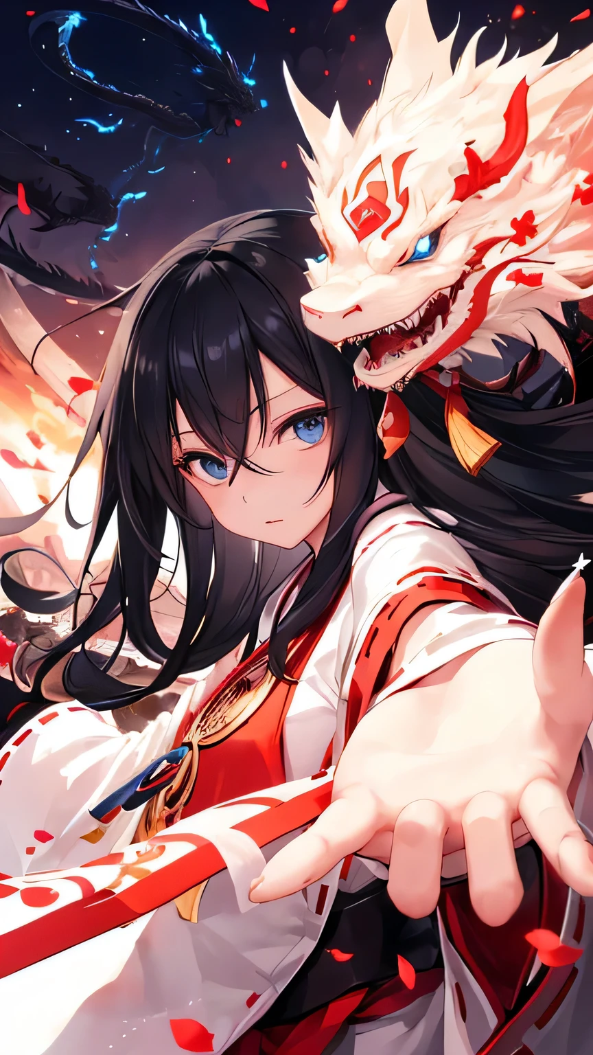 disorganized, 1 girl, blue eyes, long hair, I opened my eyes, eyelash, looking at the viewer, chinese dragon, concept art, Upper body, Miko, particle, petal, Face-to-face audience, raise your arms, cover, black hair,