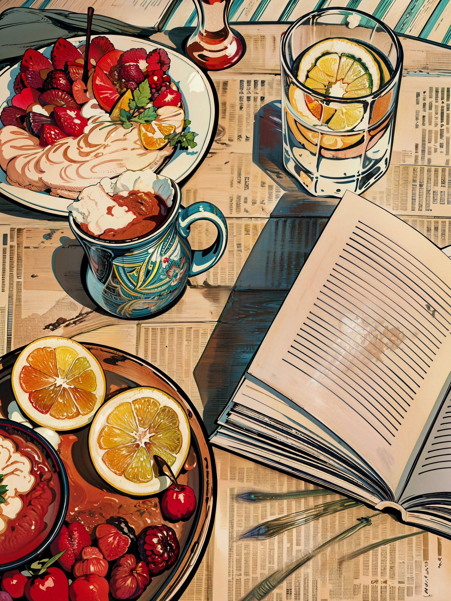 an open book sitting on top of a table next to a bowl of fruit, detailed book illustration, illustration », with one vintage book on a table, book illustration, a storybook illustration, editorial illustration colorful, animation illustrative style, illustration | rutkowski, illustrated in whimsical style, warmly lit, amazing food illustration, illustrated novel, summer morning, 4k hd,, beautiful art uhd 4 k, a beautiful artwork illustration, beautiful digital painting, highly detailed digital painting, beautiful digital artwork, detailed painting 4 k, very detailed digital painting, rich picturesque colors, gorgeous digital painting