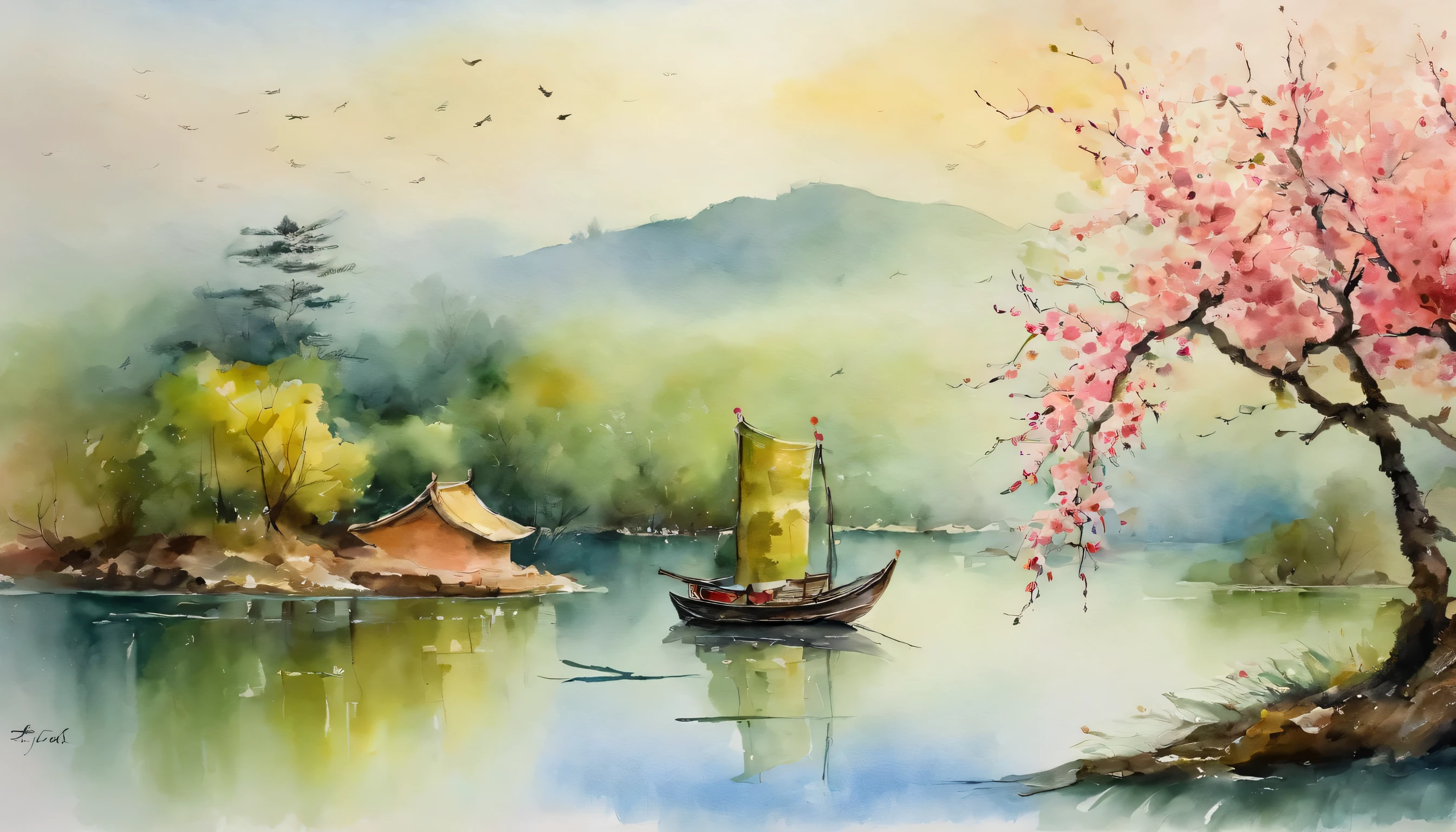 Ancient China, a big wide lake, paranormal, peaceful and calm atmosphere, spring, fresh air, morning, green trees, peach blossom, small boat on far distance, blue sky