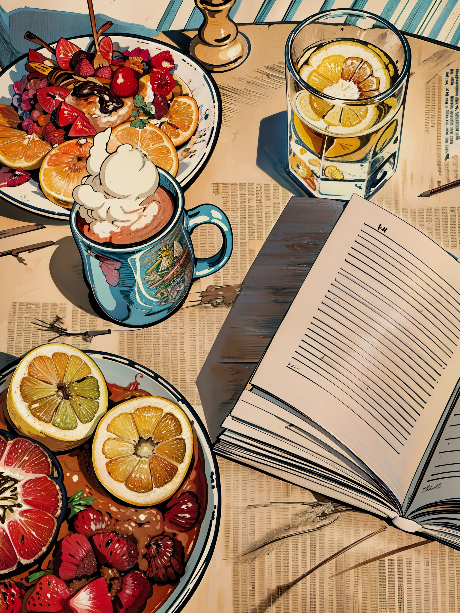 an open book sitting on top of a table next to a bowl of fruit, detailed book illustration, illustration », with one vintage book on a table, book illustration, a storybook illustration, editorial illustration colorful, animation illustrative style, illustration | rutkowski, illustrated in whimsical style, warmly lit, amazing food illustration, illustrated novel, summer morning, 4k hd,, beautiful art uhd 4 k, a beautiful artwork illustration, beautiful digital painting, highly detailed digital painting, beautiful digital artwork, detailed painting 4 k, very detailed digital painting, rich picturesque colors, gorgeous digital painting