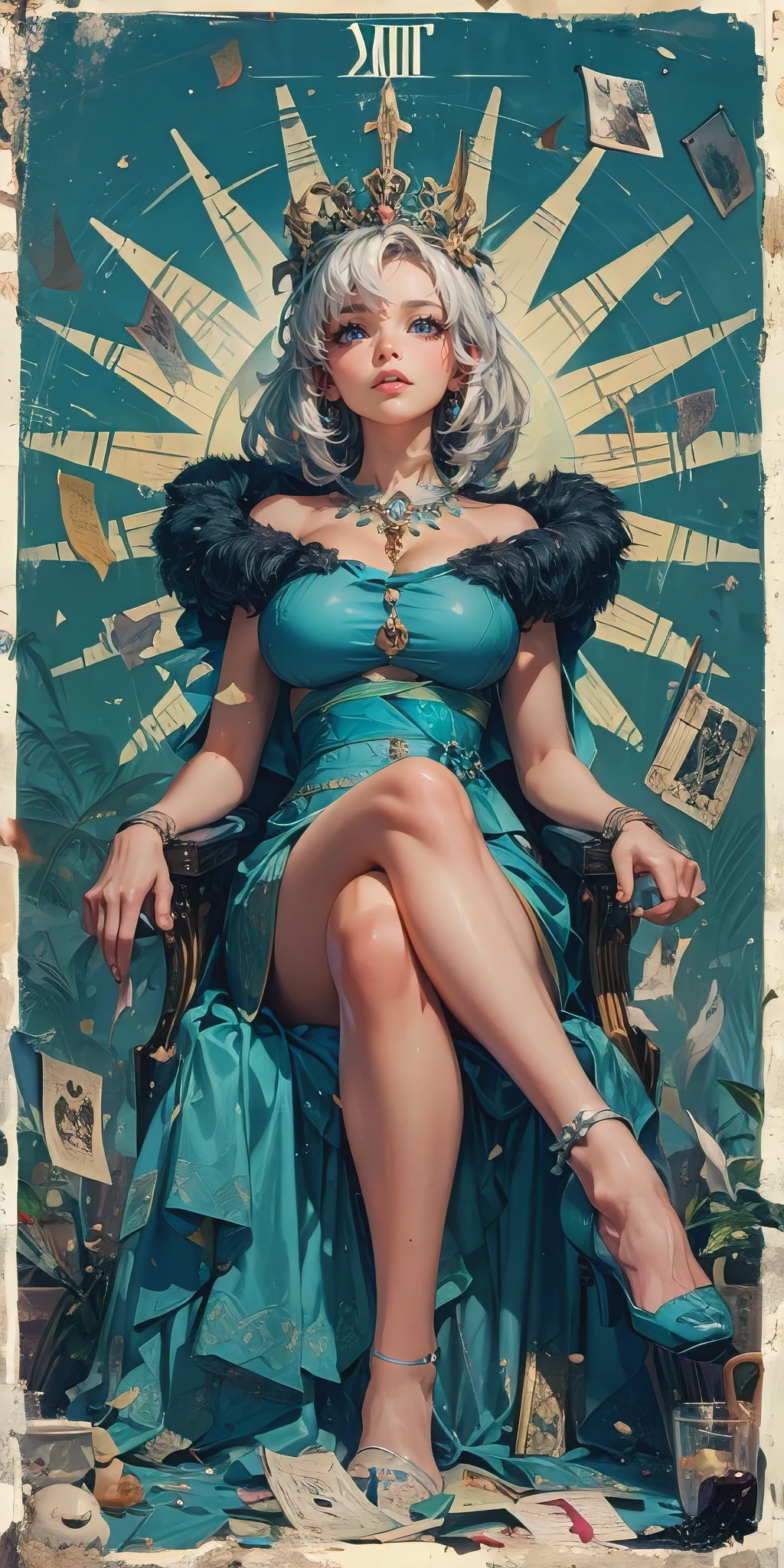 tarot card illustration by artgerm and ayami kojima, empress. roman numerals "XIII", perfect body, (huge breasts, cleavage:1.3), hyperfeminine curves, tarot borders, mystical, elaborate details