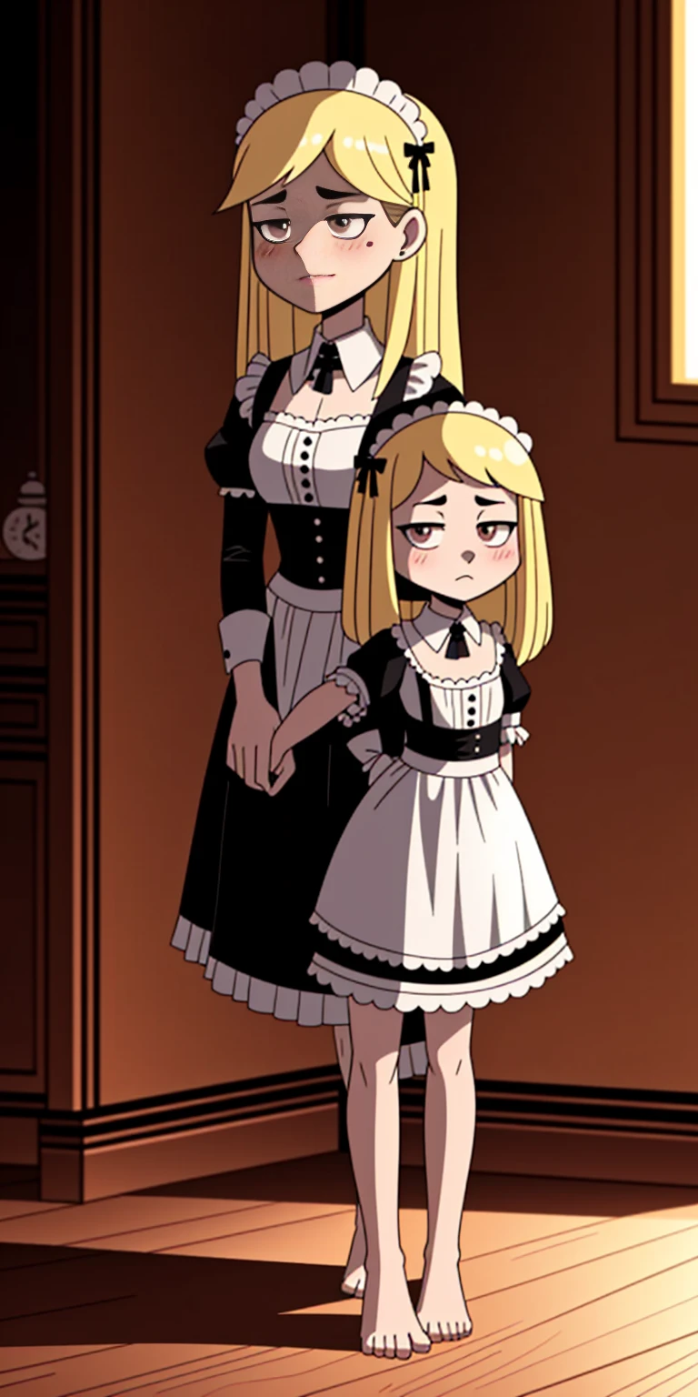 1girl, cute, ((Short black hair girl and long blonde hair girl)), maid victorian, maid apron, straight face, dazed, Body position: Standing, straight, symmetrical, barefoot, Lustful smile on face with red blush