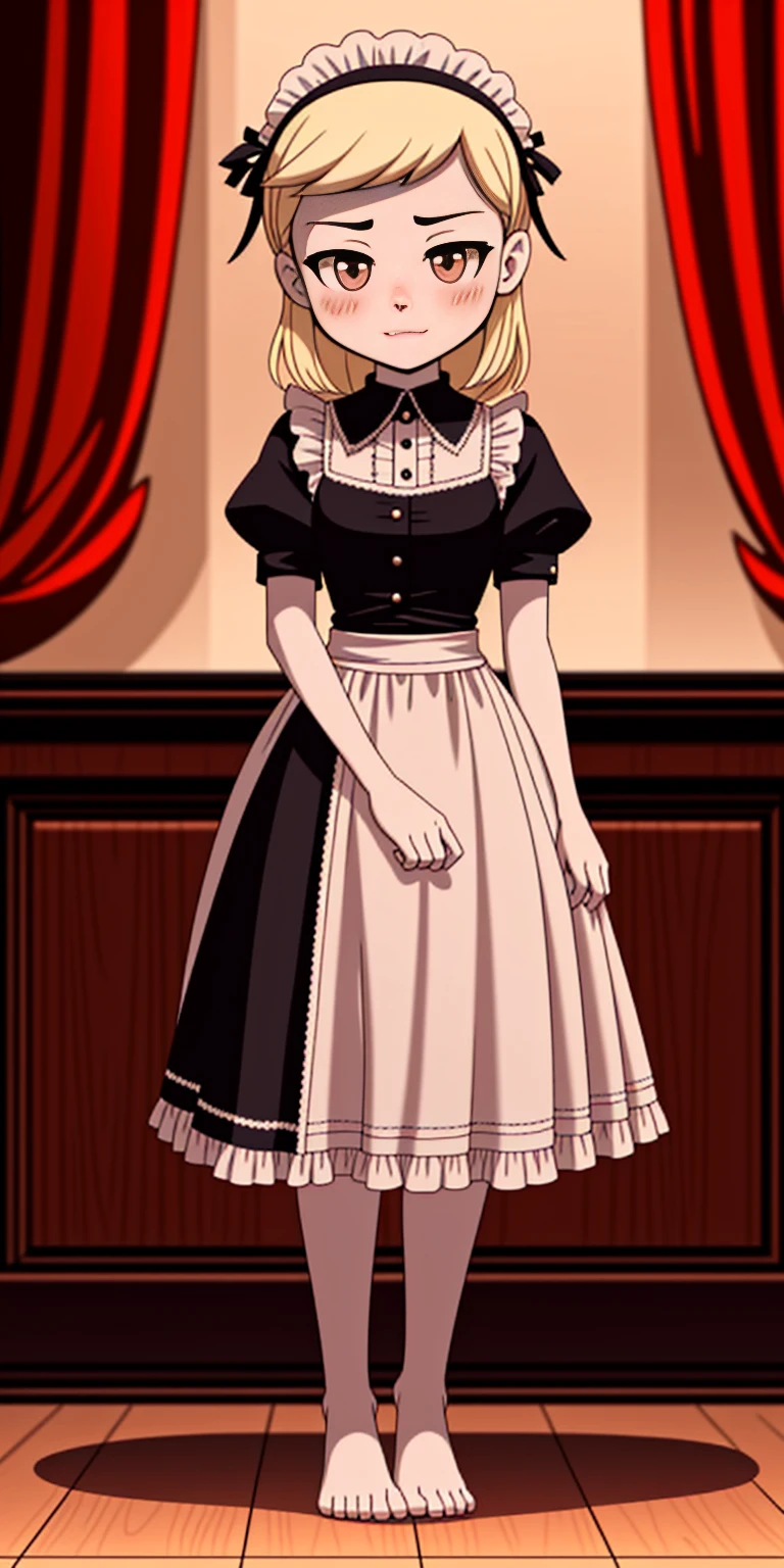 1girl, cute, ((Short black hair girl and long blonde hair girl)), maid victorian, maid apron, straight face, dazed, Body position: Standing, straight, symmetrical, barefoot, Lustful smile on face with red blush