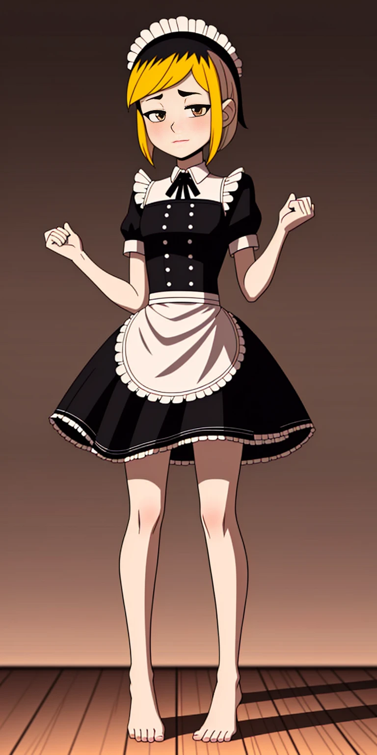 1girl, cute, ((Short black hair girl and long blonde hair girl)), maid victorian, maid apron, straight face, dazed, Body position: Standing, straight, symmetrical, barefoot, Lustful smile on face with red blush