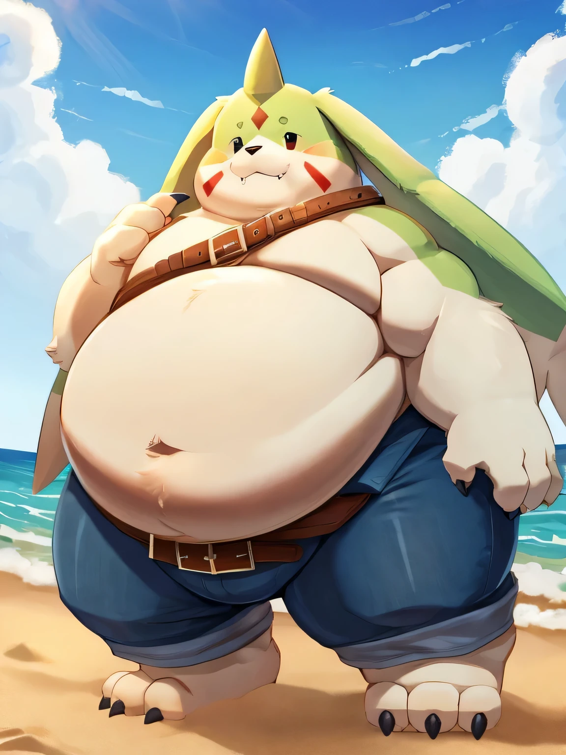 Gargomon、Muscle-gut, Giant Monsterountain of fat、The body is buried due to fat、The stomach is triangular、Extreme obesity、very thick fat、my stomach touches the ground、Stomach like a giant balance ball、Saggy belly、detailed eyes, Thick thighs、very very tall、Thick animal-like legs、Cheeks that store fat、thick arms、huge torso、thick neck、fat neck、sharp claws、legs buried in fat, thick twisted corners、eating ice cream On the Beach, Has belt over the left shoulder, Has pants on