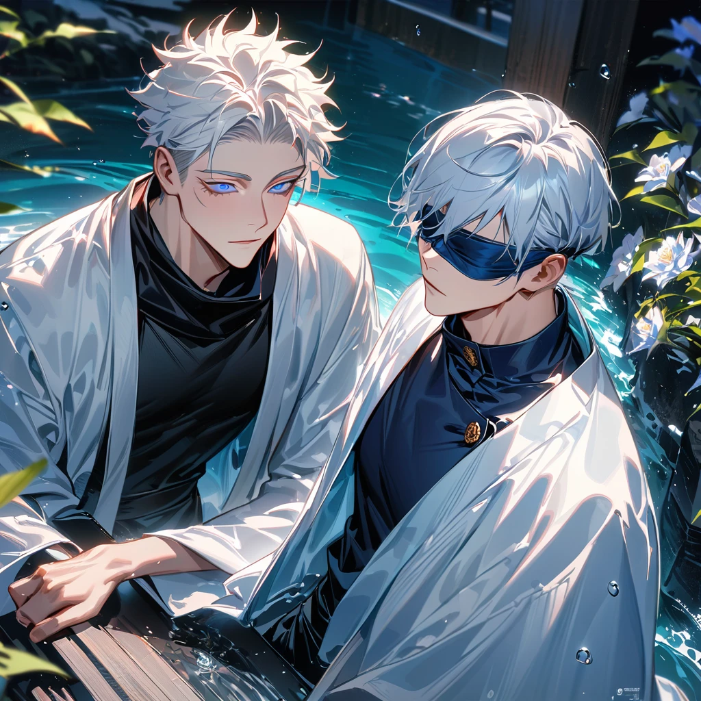 (absurdres, highres, ultra detailed, HDR), master piece, best quality, Gojo Satoru, white hair with bangs, white eyelashes, blindfolded eyes, Jujutsu Kaisen, Dan Heng, vibrant blue eyes, 2men together, gay, handsome, water, flowers, white haori, white scarf, black kimono