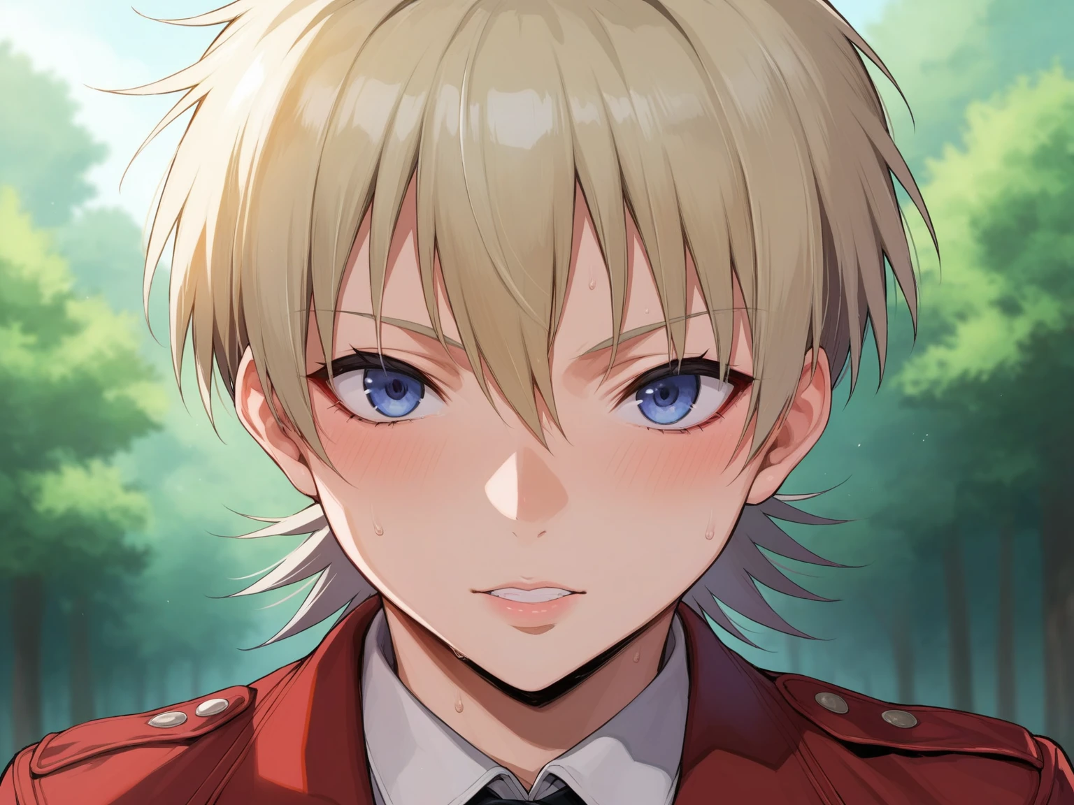 score_9, score_8_up, score_7_up, score_6_up, source_anime, BREAK by ikuchan kaoru, iku, clean color, flat color,1girl, hellsing, seras, outdoors, in Forest,  face focus, face closeup, face, face only