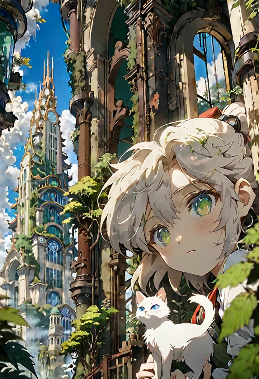 (8K、Raw photo、highest quality、look up:1.2、masterpiece:1.2、genuineistic、ultra high resolution、high contrast、photon mapping、genuine、Super detailed、official art, Raw photo、professional lighting、 light、Vivid atmosphere、twicelight)
This anime scene、While having the atmosphere of a work directed by Makoto Shinkai,、Expresses a post-apocalyptic worldview。A girl with a backpack looking at the city skyline from the forest、Reminiscent of emotional scenes。
High-rise buildings in the city are covered with trees from the walls and windows々pops out、The building is covered like a lush jungle.、It depicts a futuristic landscape where nature and the city are fused.。A city bathed in bright sunlight、It suggests a bright and hopeful future.。
A girl trying to enter a building in the city、It symbolizes young people trying to break out into society.。and、The pure white cat that is nestled next to me、As a familiar presence、Watching the girl's journey。
This scene is、I am drawing a post-apocalyptic animation with a unique world view.。