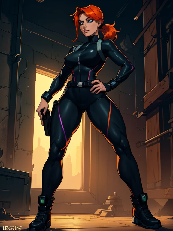 1girl, Sexy Experienced Cyberpunk Agent, short orange hair, pony tail style, blue eyes, (Wearing: futuristic black tight jumpsuit, utility belt, boots), light skin, natural makeup, athletic body, holding two pistols with both hands, looking fiercely at the viewer. heroic pose, full-length, full body, fight scene, full-length, super face detail, Very detailed, 8k, dark tone, dark shadow, glow in the dark, game color correction, (HDR, UHD, k, best quality, RAW photo, best quality, masterpiece: 1.5), UHD, hd, k, hyperrealism, very detailed, hyperrealism, very detailed, in hyper-realistic detail, hyper-realistic full-body detail, high detailed, digital painting, trending on artstation, HD quality
